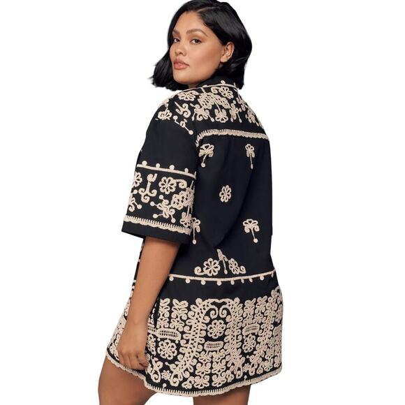 Maeve by Anthropologie Embroidered Collared Shirt Mini Dress Black/Cream – XXS - Picture 2 of 10